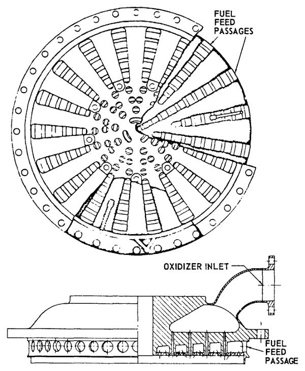 rocket engine injector fuel feed passages