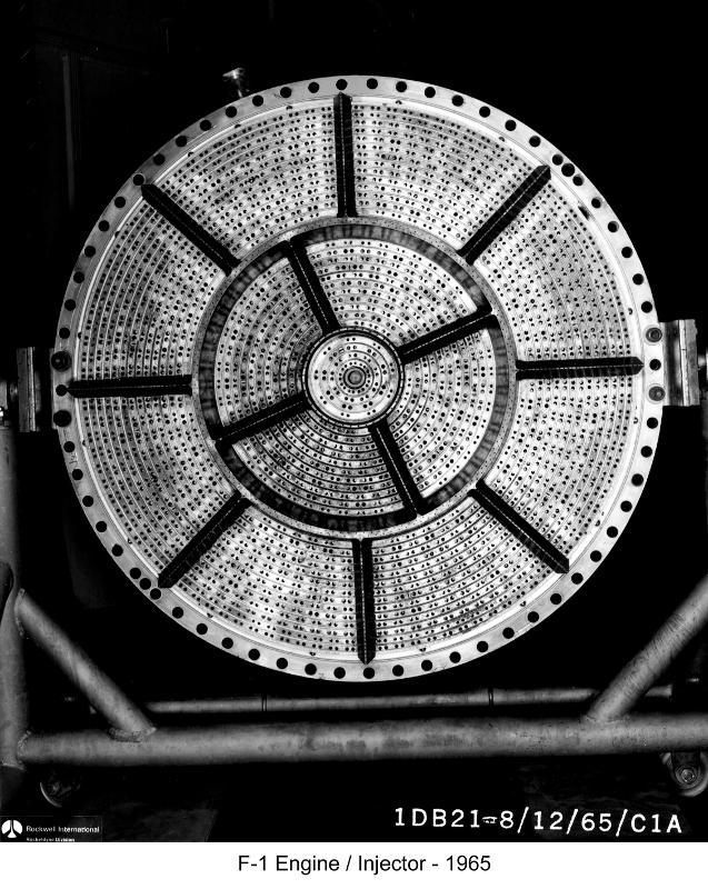 F-1 rocket engine injector plate in handling fixture
