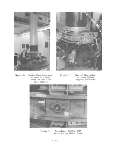 Lunar Module Descent Engine engine mass simulator mounted in gimbal
frame on vibration test fixture