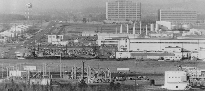 Marshall Space Flight Center (MSFC) with Rocket Garden in background circa 1965