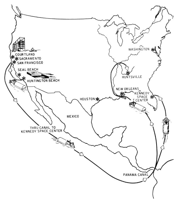 California North American Aviation Marshall Space Flight Center MSFC Mississippi Test Facility MTF Stennis Kennedy Space Center KSC barge route
