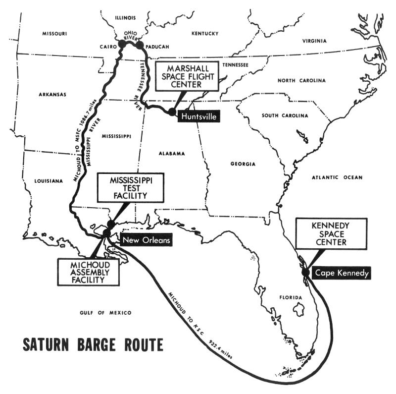 Marshall Space Flight Center MSFC Mississippi Test Facility MTF Stennis Michoud Assembly Facility MAF Kennedy Space Center KSC barge route