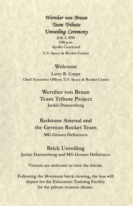 inside of Wernher von Braun Team Tribute Unveiling Ceremony program