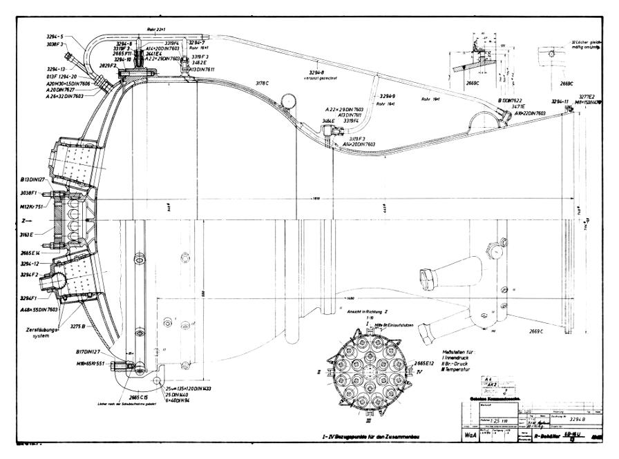 V-2 missile A-4 rocket engine combustion chamber cutaway drawing number 3294b